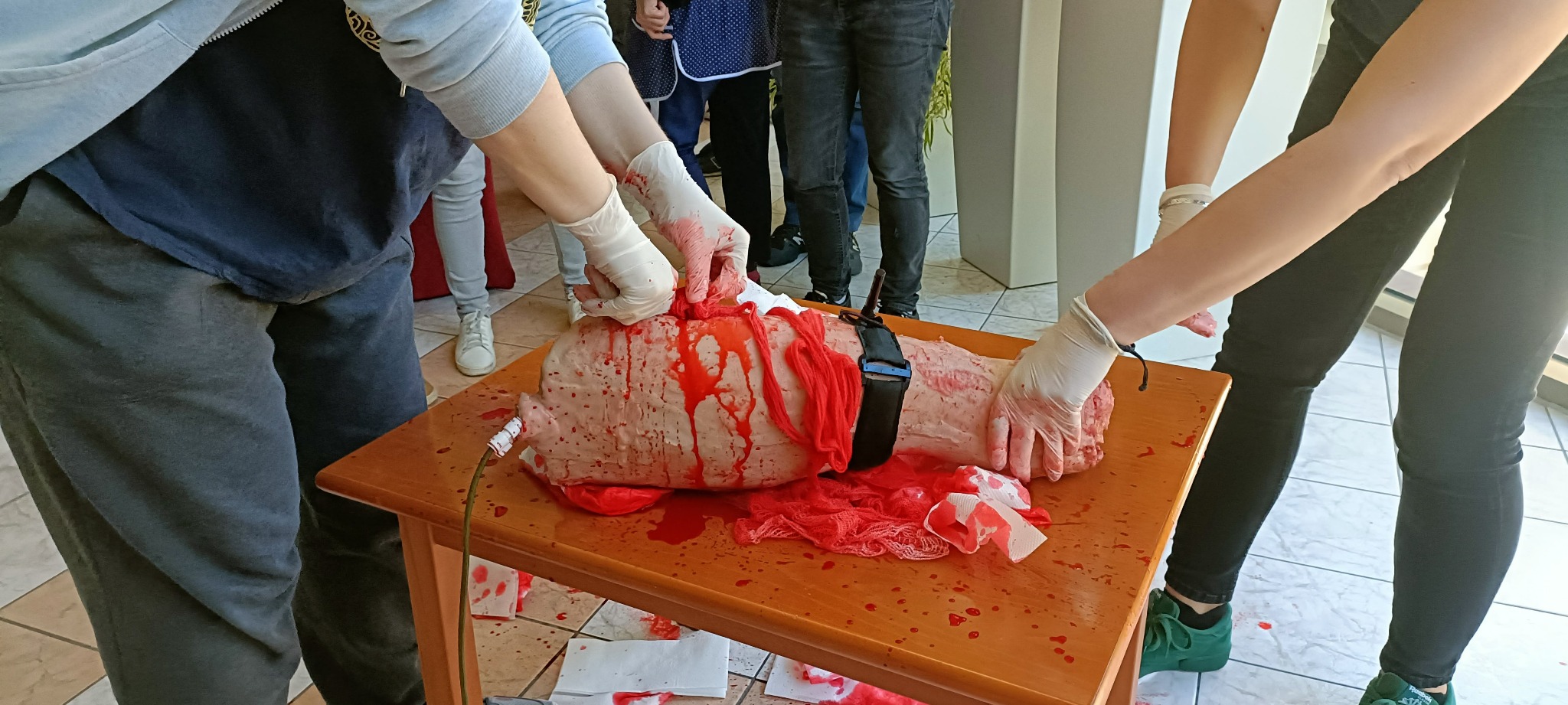 Symulacja krwotoku tętniczego na fantomie podczas zajęć z pierwszej pomocy, opatrywana przez osoby w rękawiczkach na drewnianym stole.