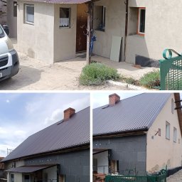 Marcin Skrętkowicz Usługi Ogólnobudowlane - Budynek z nową elewacją i zadaszeniem nad wejściem, widoczny fragment metalowego dachu, rynny i zielony metalowy płot.
