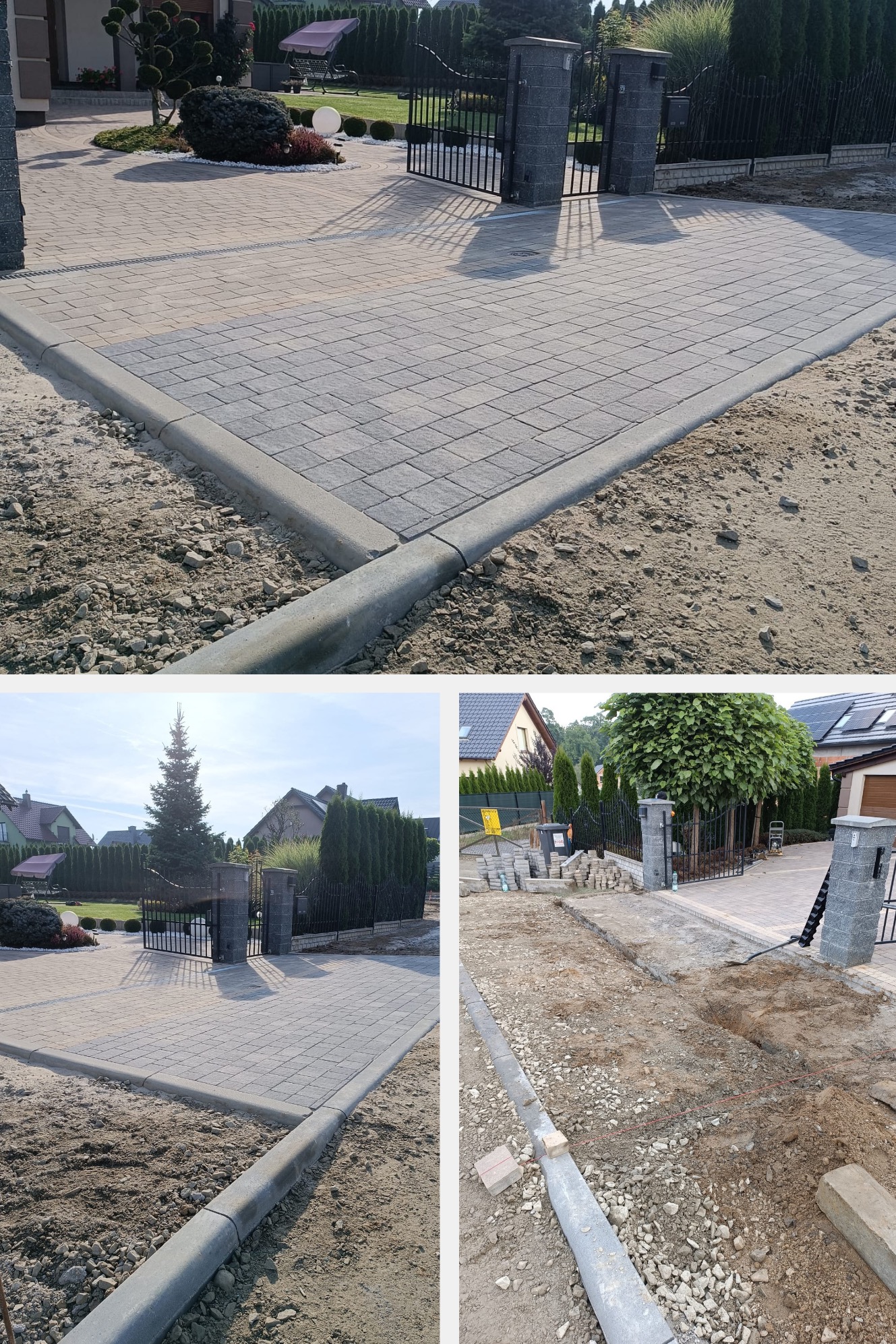 Ułożona kostka brukowa na podjeździe z widocznymi obrzeżami i przygotowanym terenem pod dalsze prace, brama w tle.