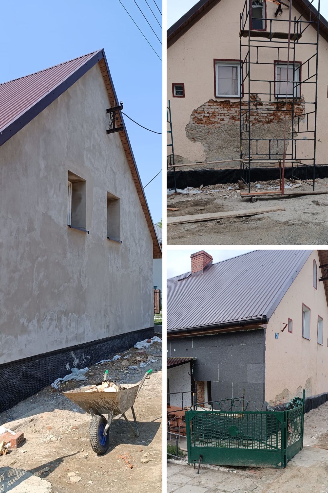 Dom w trakcie renowacji elewacji: fragment ściany z cegły odsłonięty pod rusztowaniem, świeżo otynkowana ściana boczna, taczka z gruzem i widok na ocieplony fragment budynku z zieloną bramą.
