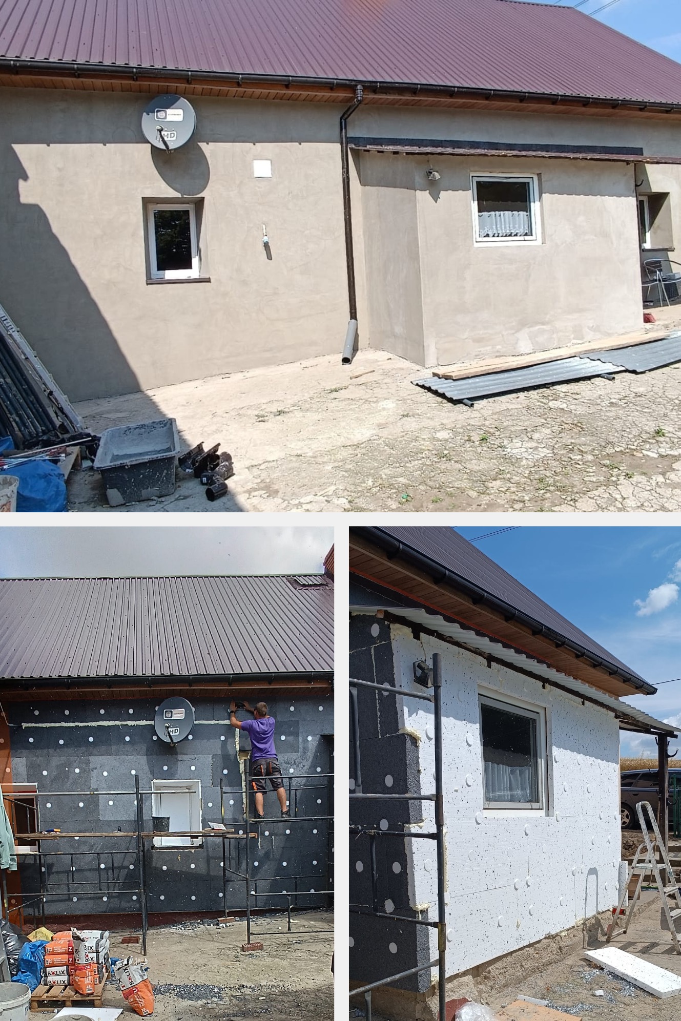Dom jednorodzinny w trakcie ocieplania styropianem, widoczne rusztowanie, pracownik w fioletowej koszulce mocujący płyty, fragment elewacji po ociepleniu i położeniu tynku.