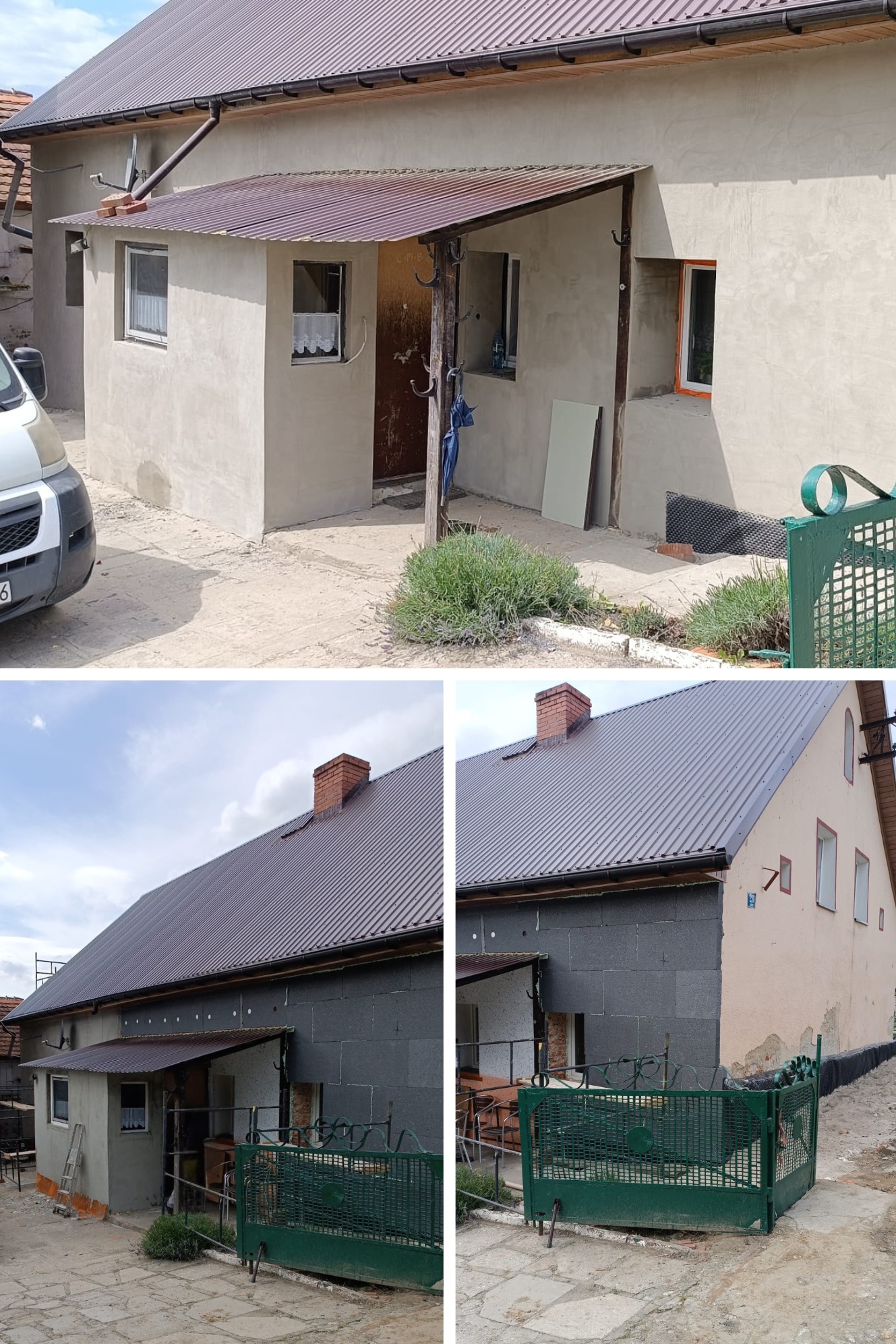 Budynek z nową elewacją i zadaszeniem nad wejściem, widoczny fragment metalowego dachu, rynny i zielony metalowy płot.