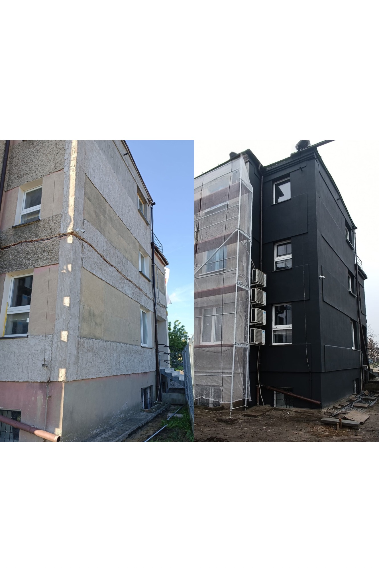 Porównanie stanu elewacji budynku przed i po renowacji: stara, szara elewacja obok odnowionej, pomalowanej na czarno, z widocznym rusztowaniem.