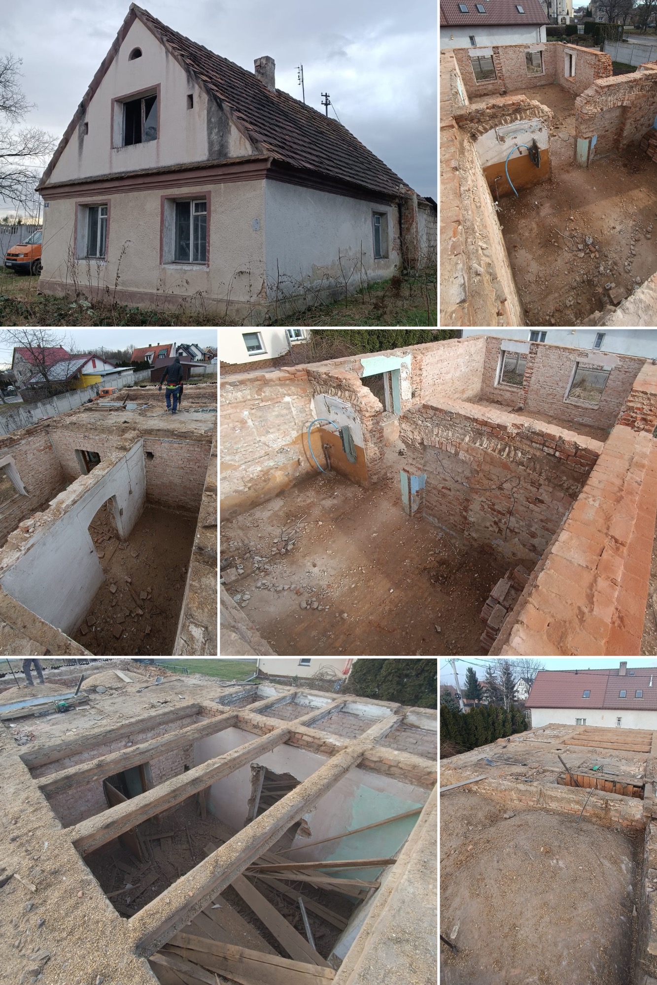 Dom w trakcie rozbiórki dachu i ścian szczytowych, widoczne jedynie fragmenty ścian i stropu, gruz na podłodze.