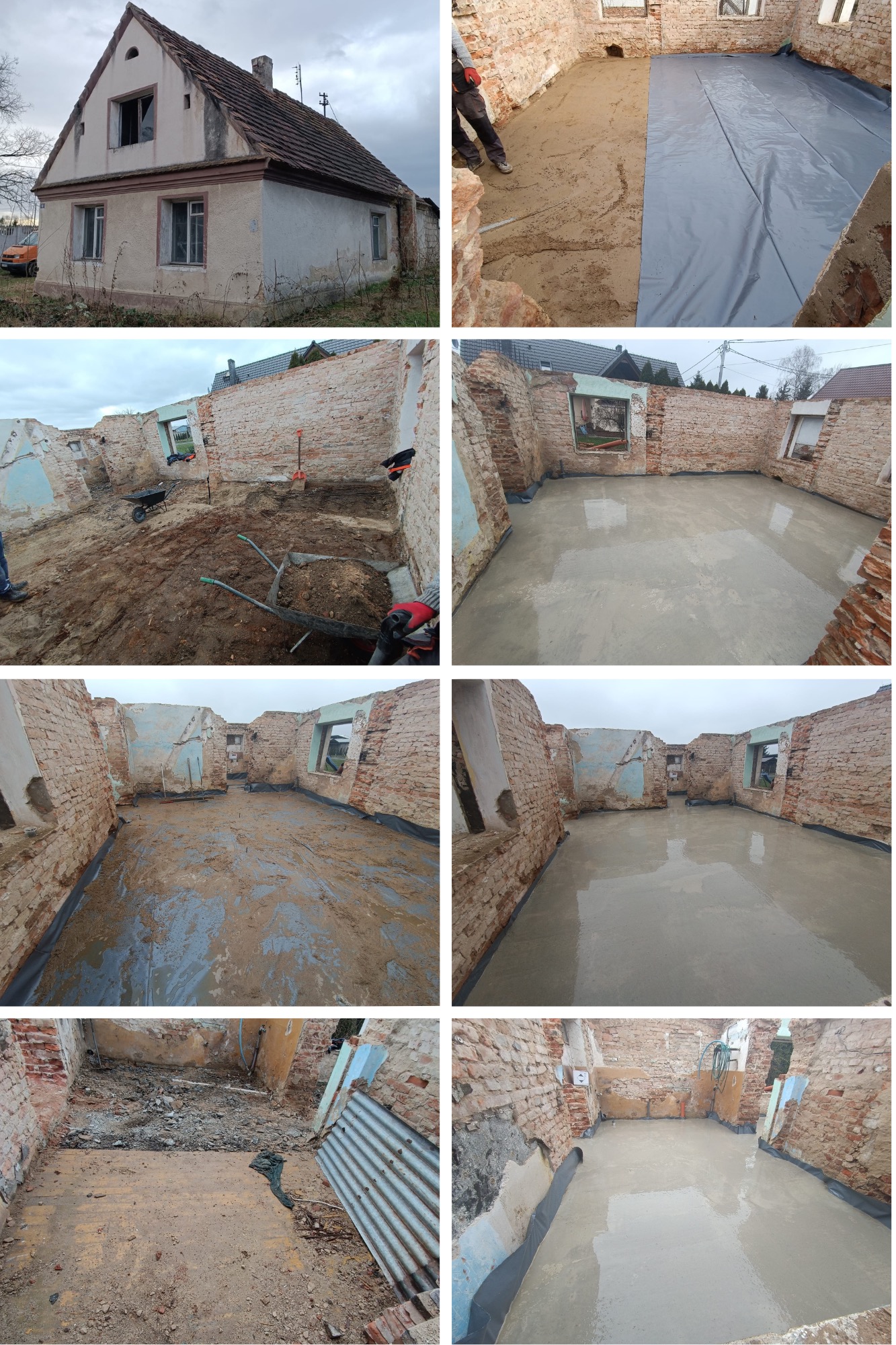 Etapy wykonywania wylewki betonowej wewnątrz remontowanego domu z ceglanymi ścianami, widoczne narzędzia i przygotowane podłoże.