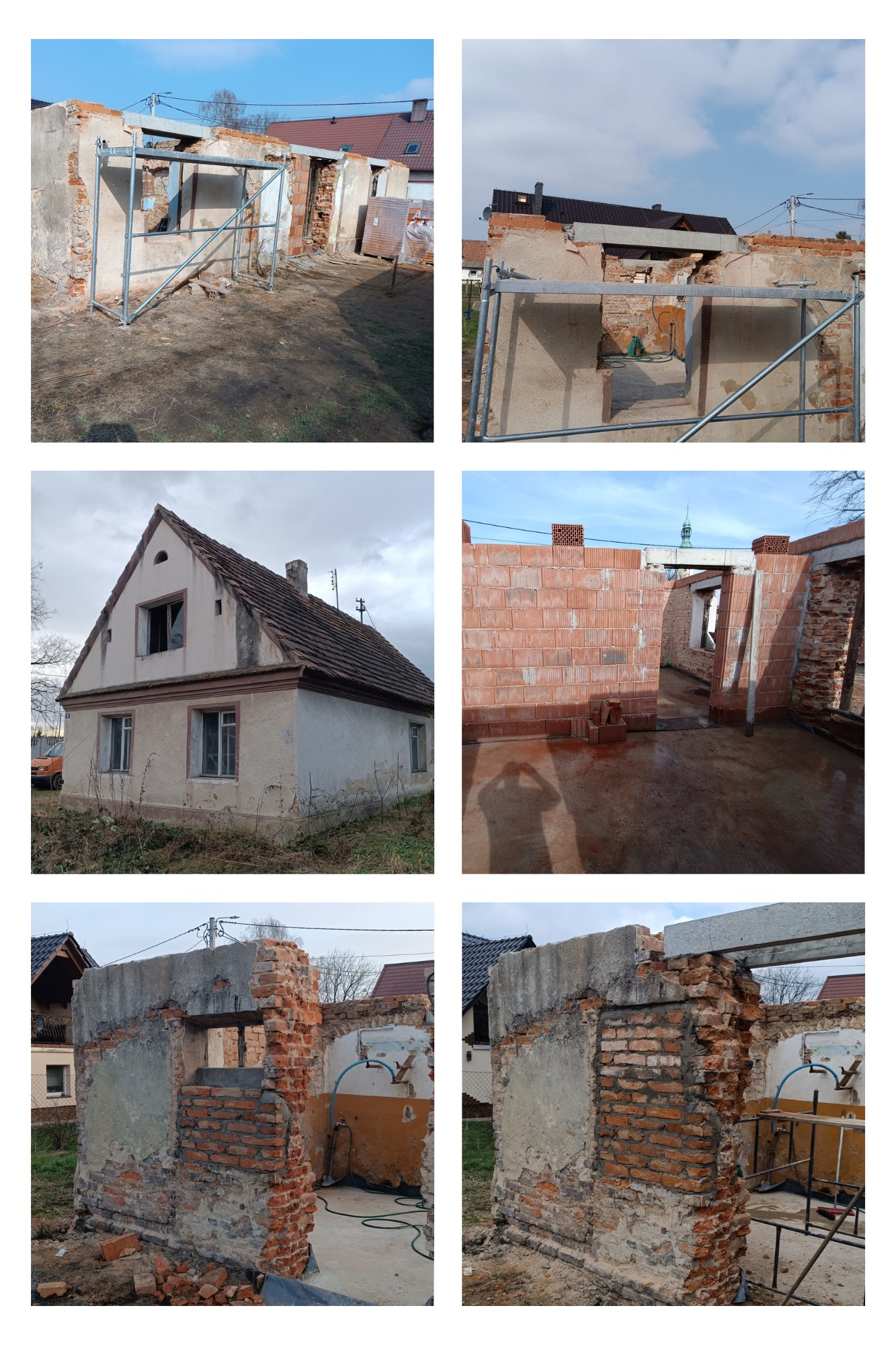 Etap prac murarskich w Nysie: wznoszenie ścian z cegły i montaż nadproży w trakcie remontu budynku, widoczne rusztowania i częściowo zachowane fragmenty starej konstrukcji.