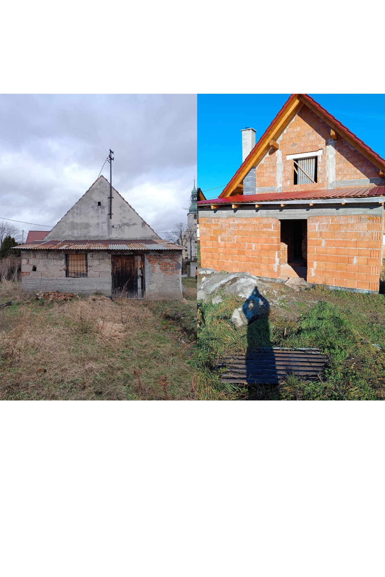 Porównanie stanu budynku przed i po remoncie: zrujnowana konstrukcja kontra nowy, murowany budynek z czerwonej cegły pod błękitnym niebem. Widoczny cień osoby.