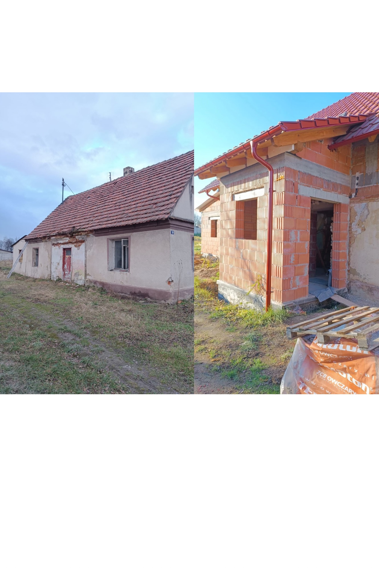 Dom przed remontem (z lewej) i w trakcie budowy (z prawej). Widoczne cegły, czerwona dachówka i rynny. Ujęcie z zewnątrz, w słoneczny dzień.