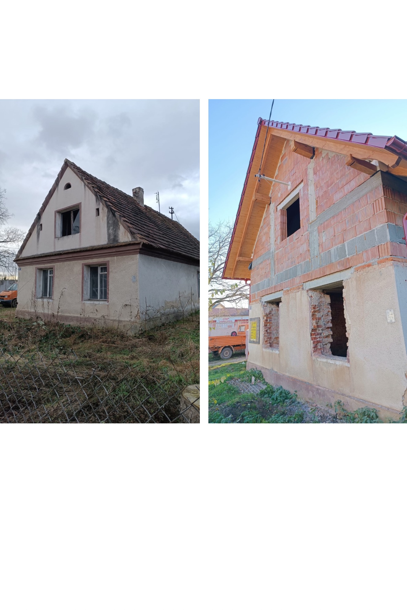 Porównanie stanu domu przed i w trakcie remontu: od zaniedbanego budynku zarośniętego chwastami do konstrukcji z czerwonej cegły z nowym dachem.