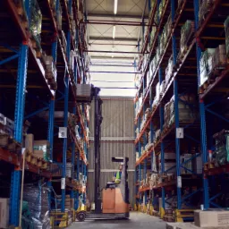 Wnętrze magazynu budowlanego z wysokimi regałami wypełnionymi materiałami, wózek widłowy z operatorem w odblaskowej kamizelce w trakcie pracy.