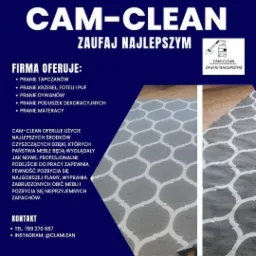 Reklama firmy CAM-CLEAN oferującej usługi prania tapicerki, krzeseł, dywanów, poduszek dekoracyjnych i materacy; na zdjęciu dywan z geometrycznym wzorem przed i po czyszczeniu.