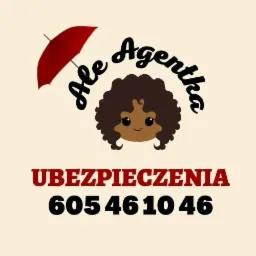 Logo firmy ubezpieczeniowej 'Ale Agentka' z parasolem i rysunkową postacią, numer telefonu.