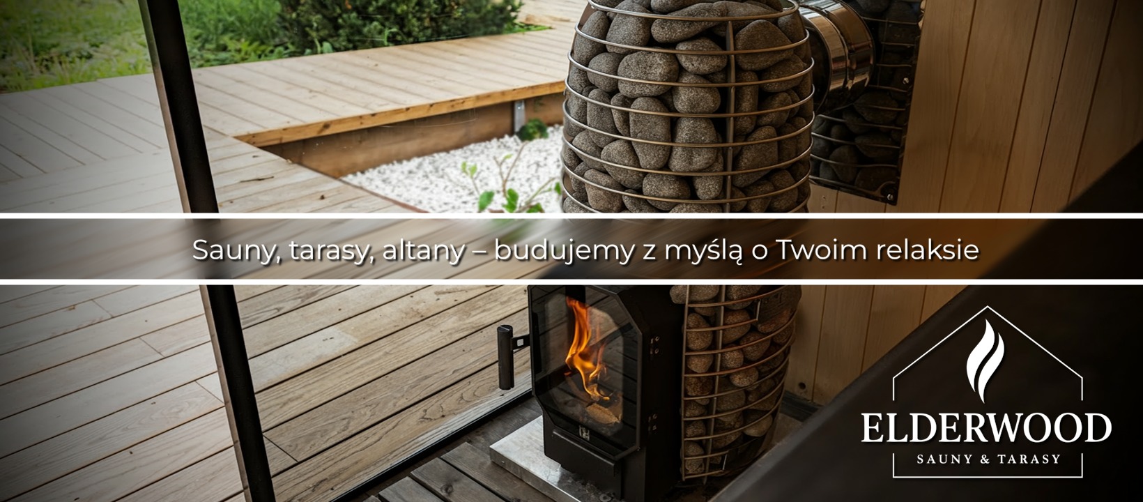 Sauna z piecem opalanym drewnem, obudowanym kamieniami, na drewnianym tarasie. Widoczne elementy wykończenia i logo firmy.