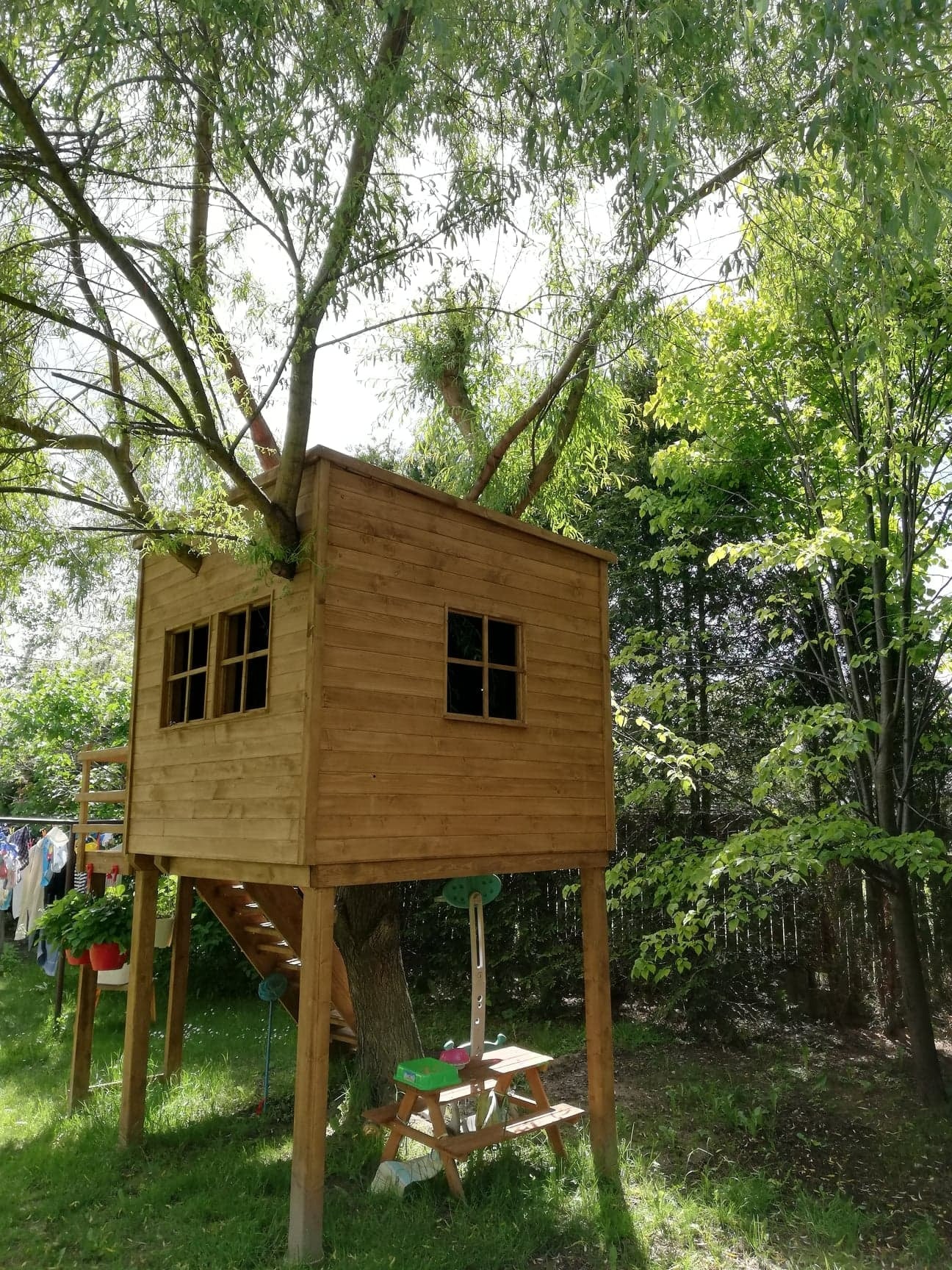 Drewniany domek na drzewie.