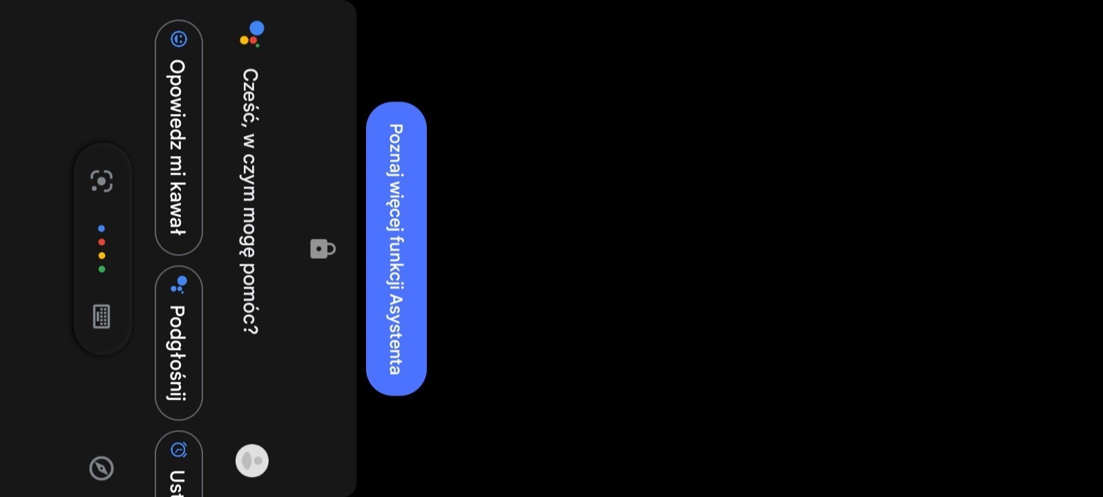 Zrzut ekranu interfejsu Asystenta Google z opcjami dialogowymi i przyciskiem 'Poznaj więcej funkcji Asystenta'.