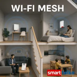 Instalacja Wi-Fi Mesh w domu dwupoziomowym z użytkownikami. Routery rozmieszczone strategicznie dla optymalnego zasięgu. Nowoczesne wnętrze.