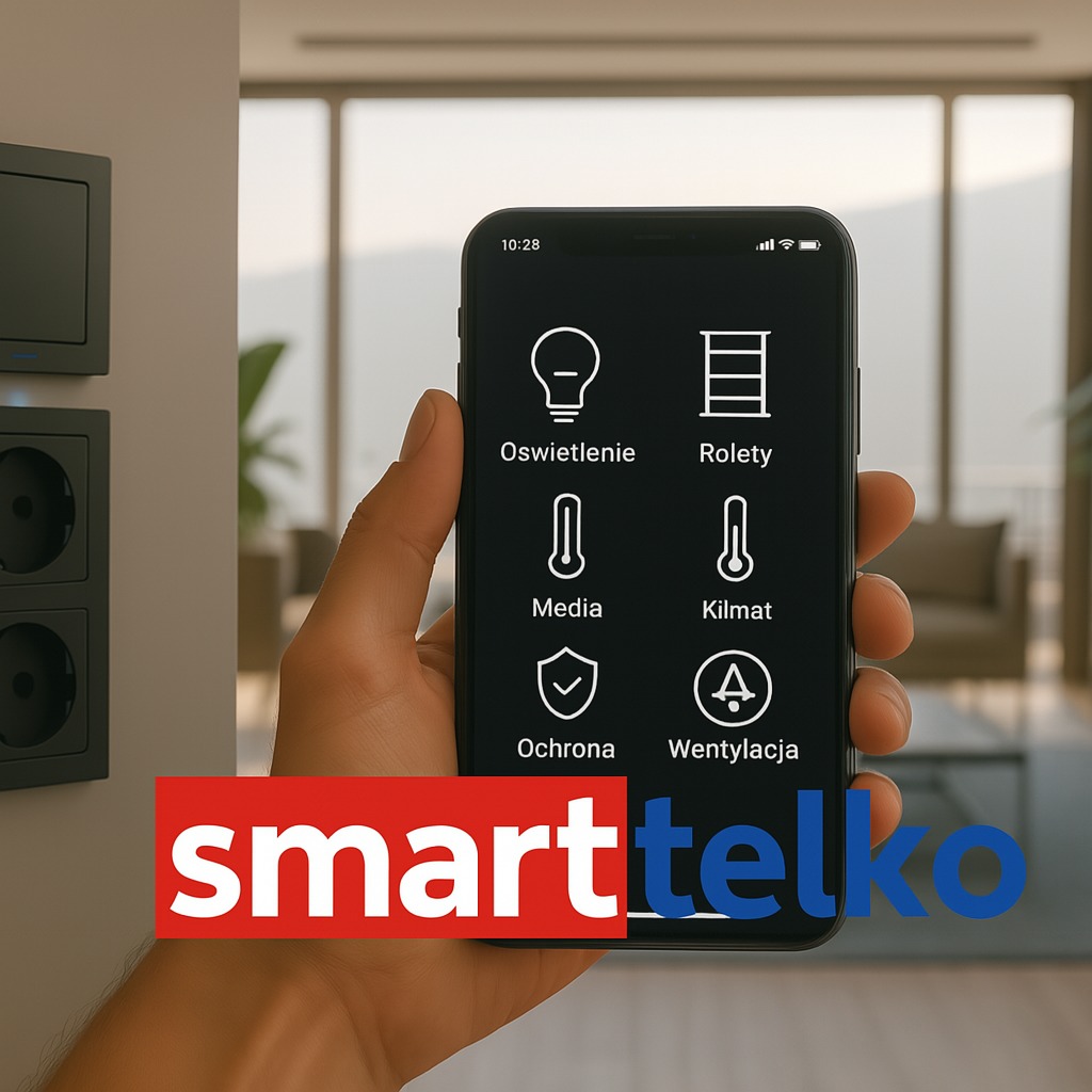 Smartfon z aplikacją do sterowania domem: oświetlenie, rolety, media, klimat, ochrona i wentylacja. W tle widoczne gniazdka elektryczne i okno.