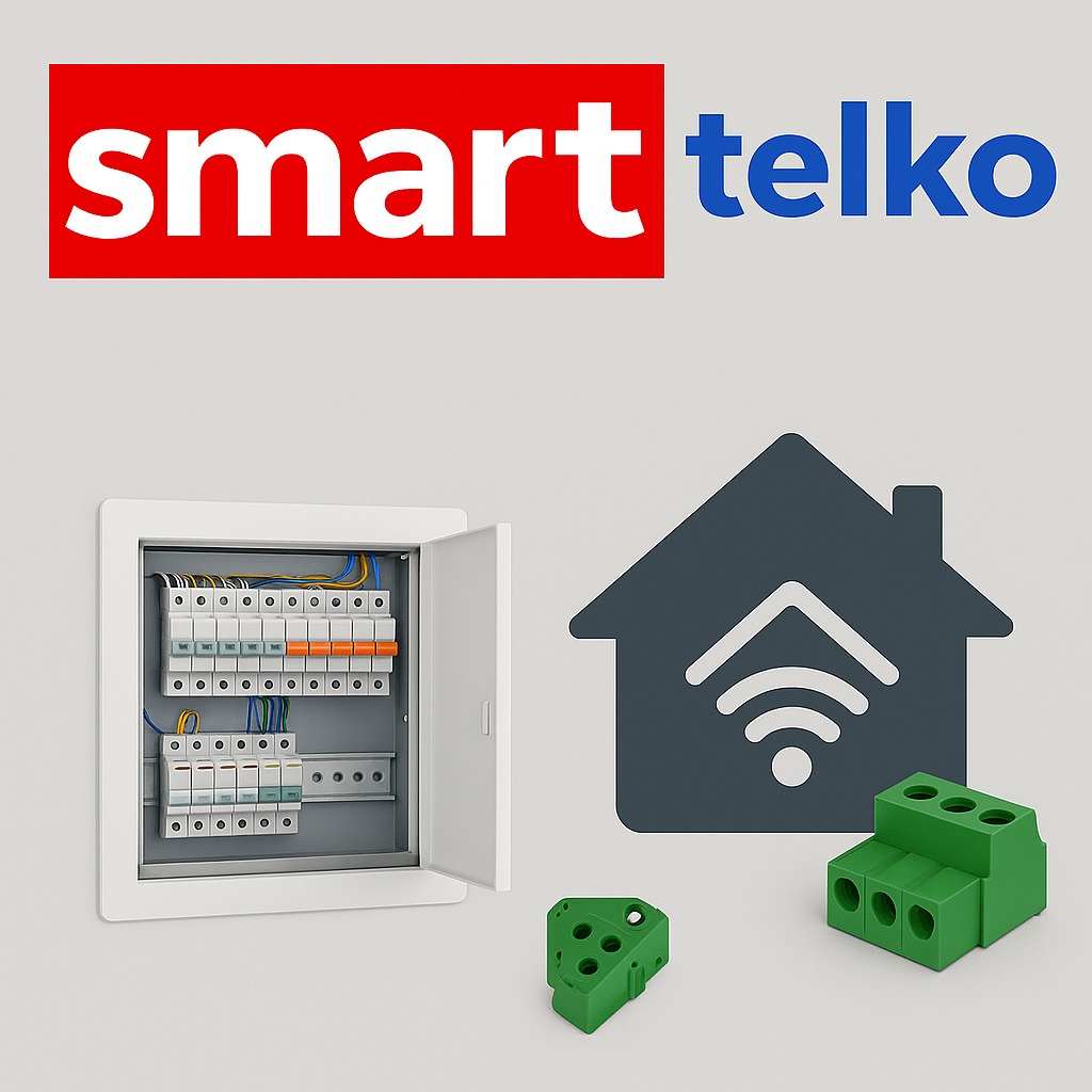 Otwarta skrzynka bezpiecznikowa z bezpiecznikami, obok ikona domu z symbolem WiFi i zielone złączki elektryczne na szarym tle z logo firmy.