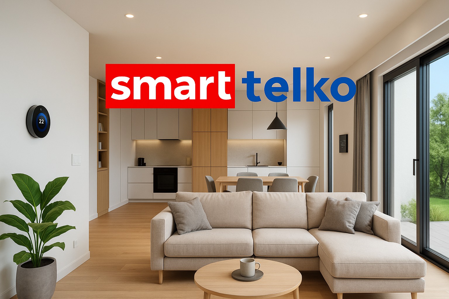 Nowoczesny salon z inteligentnym termostatem na ścianie i widokiem na kuchnię. Minimalistyczny design z rośliną doniczkową i przeszkleniami na ogród.