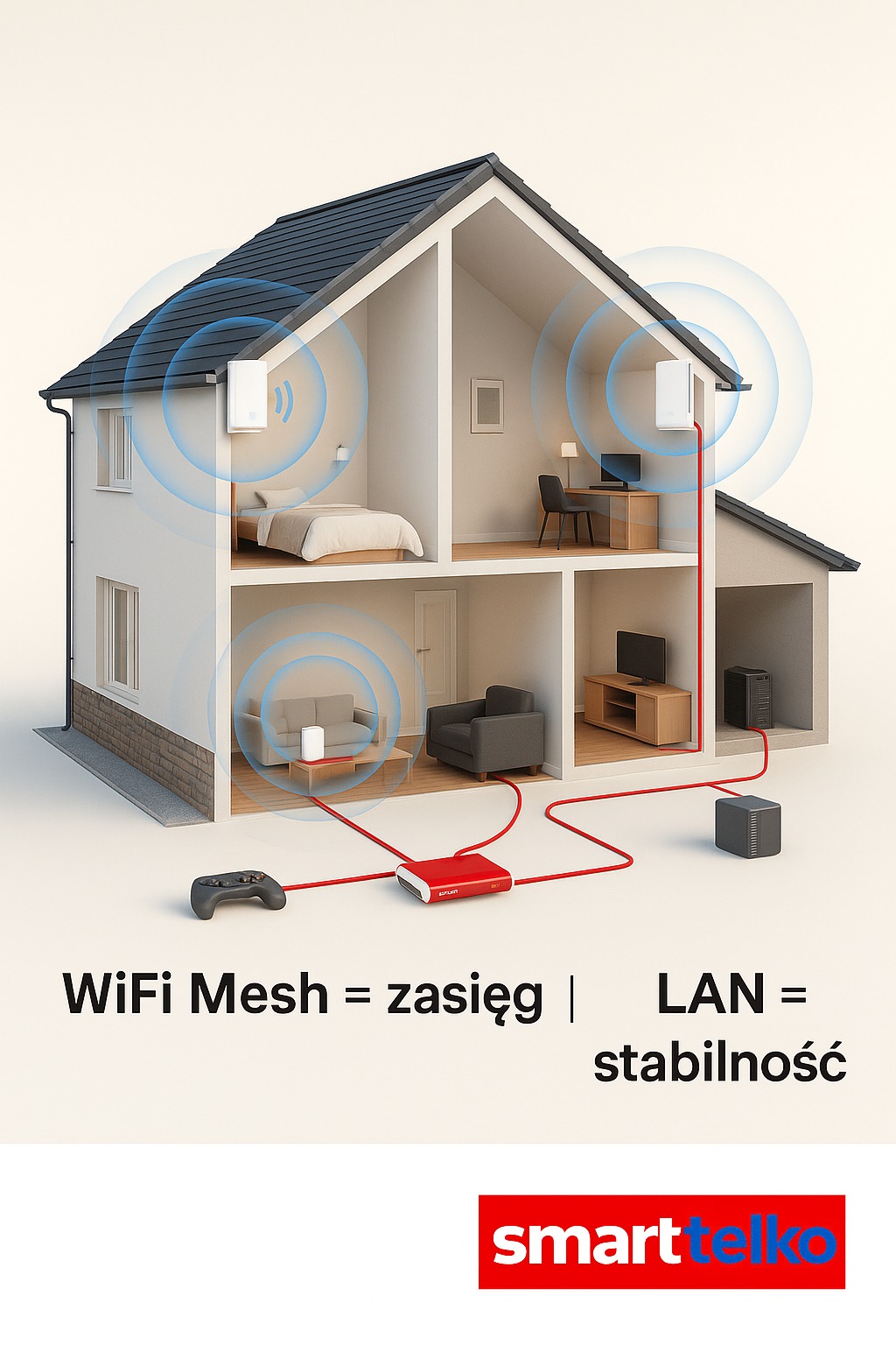 Przekrój domu z wizualizacją sieci WiFi Mesh i LAN, router, kontroler, wzmacniacze sygnału. Zasięg i stabilność połączenia w każdym pomieszczeniu.