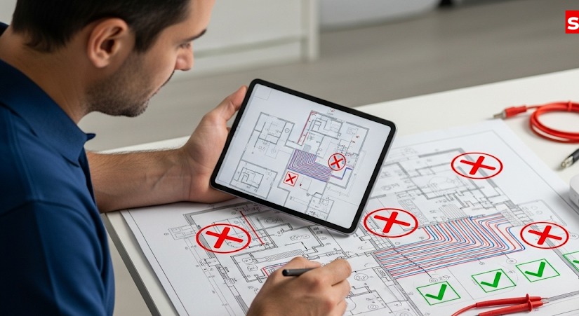 Elektryk analizuje plan instalacji na tablecie i papierze, zaznaczone punkty kontrolne, kable w tle, profesjonalne planowanie instalacji elektrycznej.