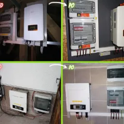 Kompozycja czterech zdjęć 'przed' i 'po' montażu: górne ukazuje instalację falownika i rozdzielnicy w surowym wnętrzu poddasza, dolne przedstawia falownik i rozdzielnicę zamontowane na ścianie...