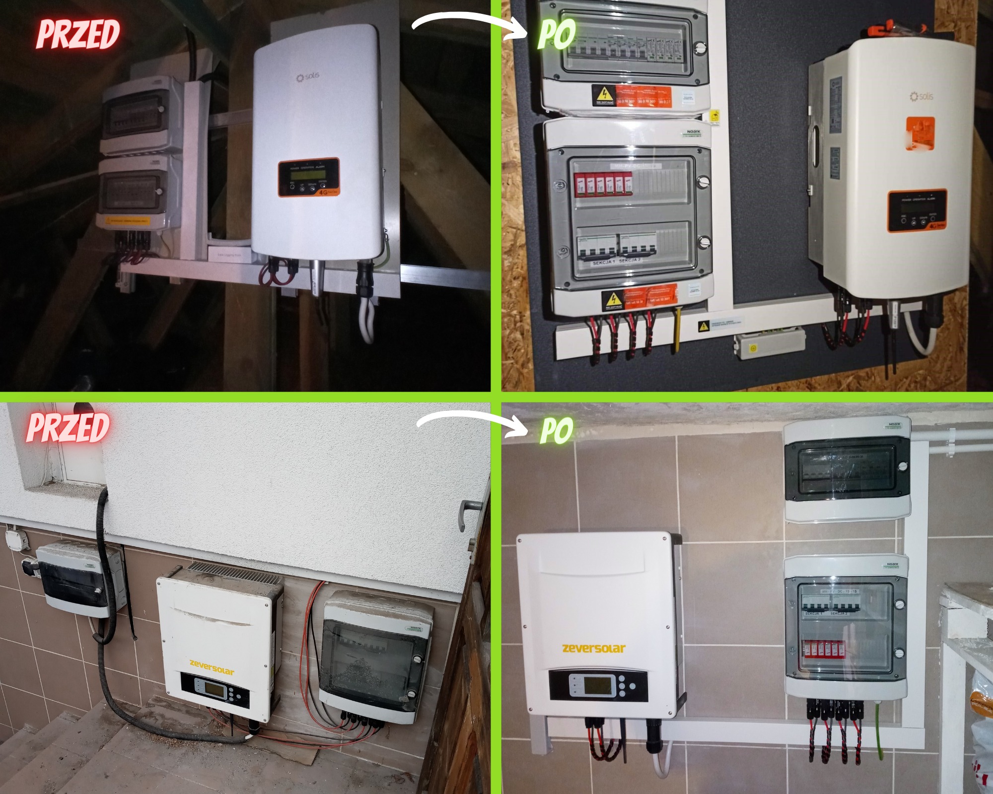 Kompozycja czterech zdjęć 'przed' i 'po' montażu: górne ukazuje instalację falownika i rozdzielnicy w surowym wnętrzu poddasza, dolne przedstawia falownik i rozdzielnicę zamontowane na ścianie...