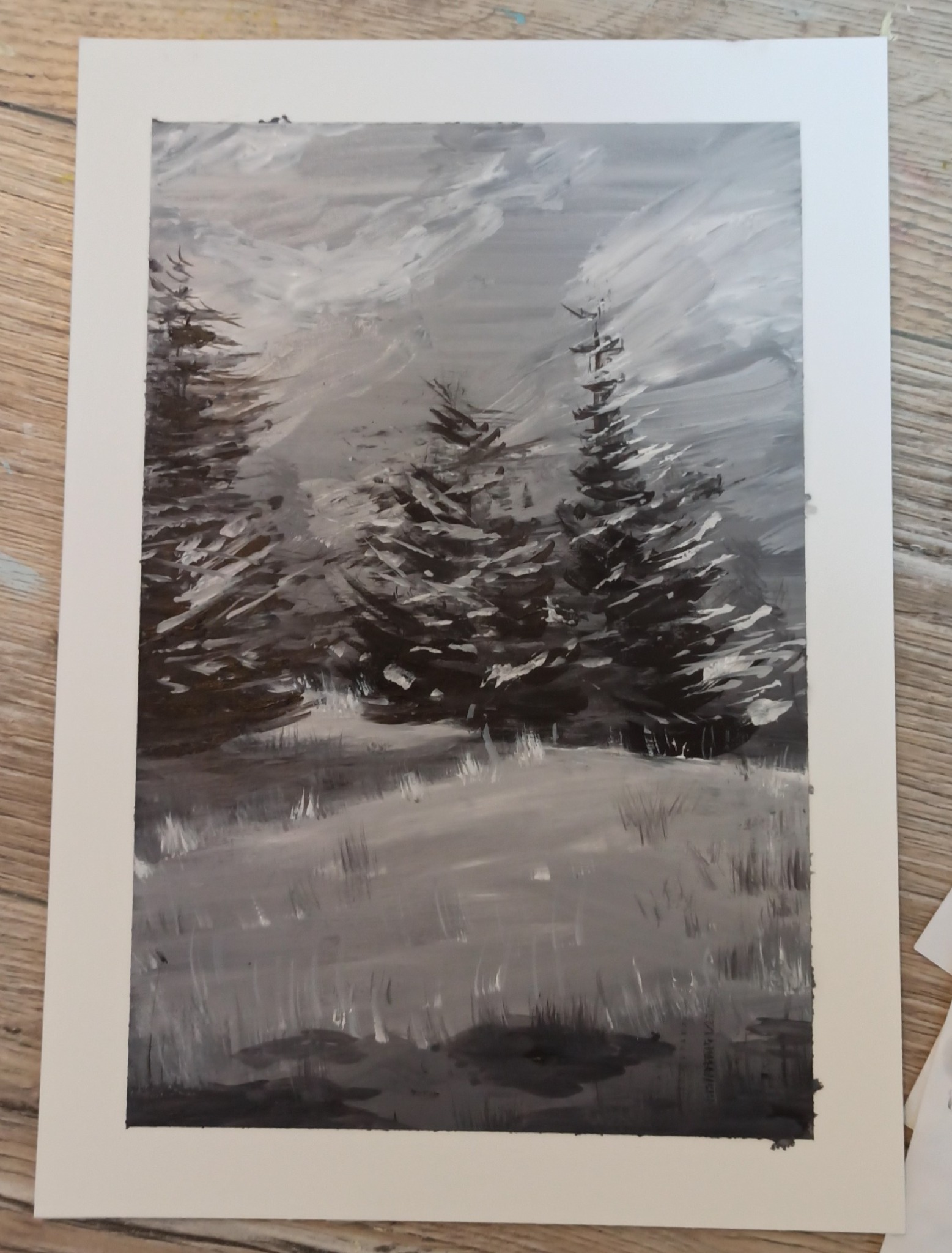 czarno biały krajobraz malarski olejem, format A4