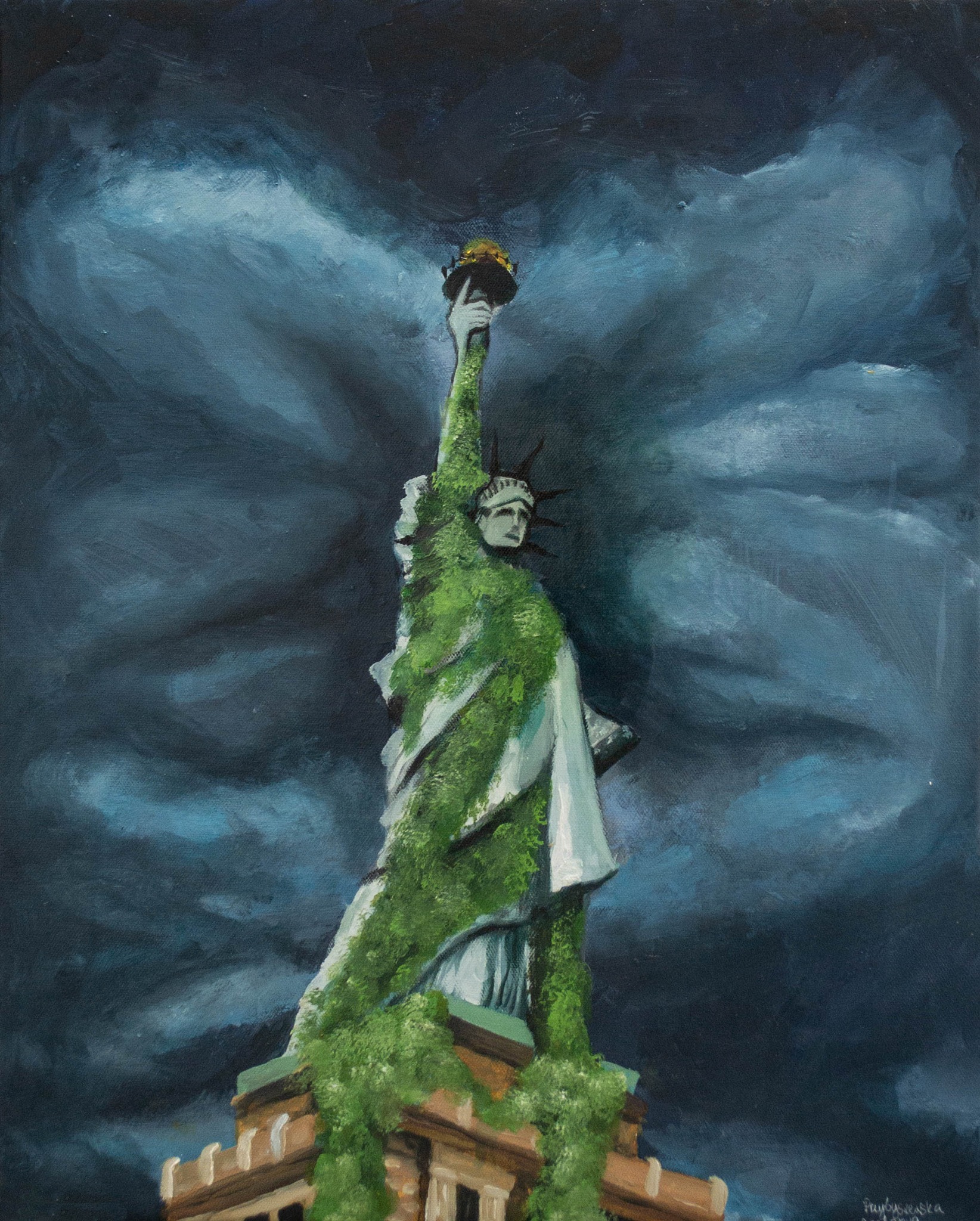 Obraz olejny przedstawiający Statuę Wolności porośniętą roślinnością na tle burzowego nieba, namalowany w stylistyce postapokaliptycznej wizji.