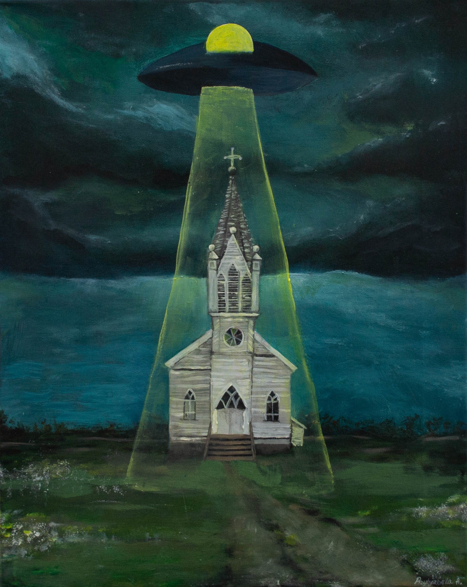 Obraz olejny przedstawiający kościół oświetlony zielonym promieniem z latającego spodka na tle ciemnego nocnego nieba.