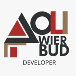 Graficzne logo firmy budowlanej AOLI WIER BUD DEVELOPER z użyciem geometrycznych kształtów w kolorach czerwonym, szarym i beżowym na białym tle.