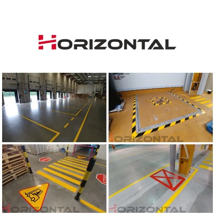 Kolaż zdjęć przedstawiających oznakowanie poziome w hali magazynowej, widoczne żółte linie, przejścia dla pieszych, znaki ostrzegawcze i logo firmy w górnej części.