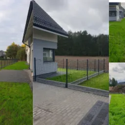 Nowoczesne ogrodzenie panelowe z podmurówką betonową, otaczające posesję z domami jednorodzinnymi i trawnikiem, widok z różnych perspektyw.