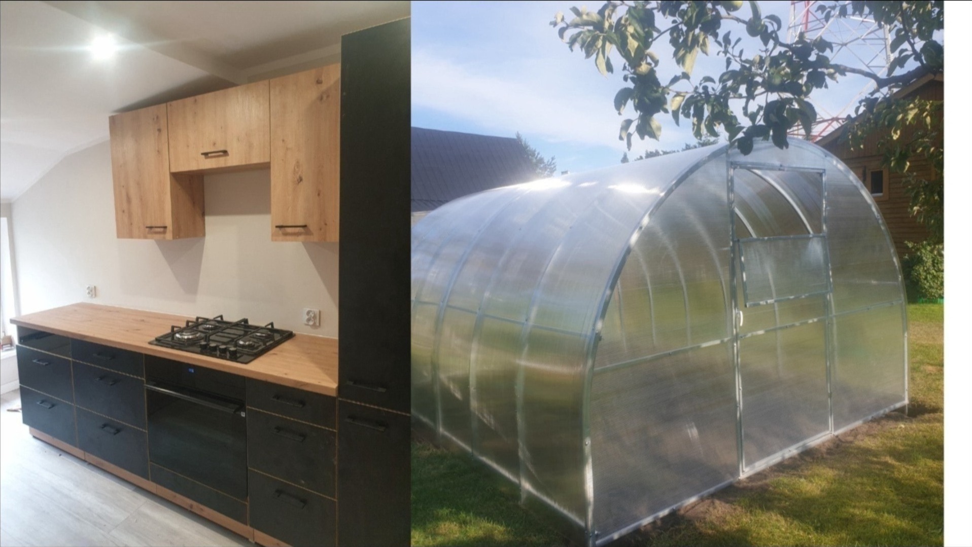 Nowoczesna kuchnia z drewnianymi szafkami i czarnymi frontami oraz szklarnia tunelowa z poliwęglanu w ogrodzie.