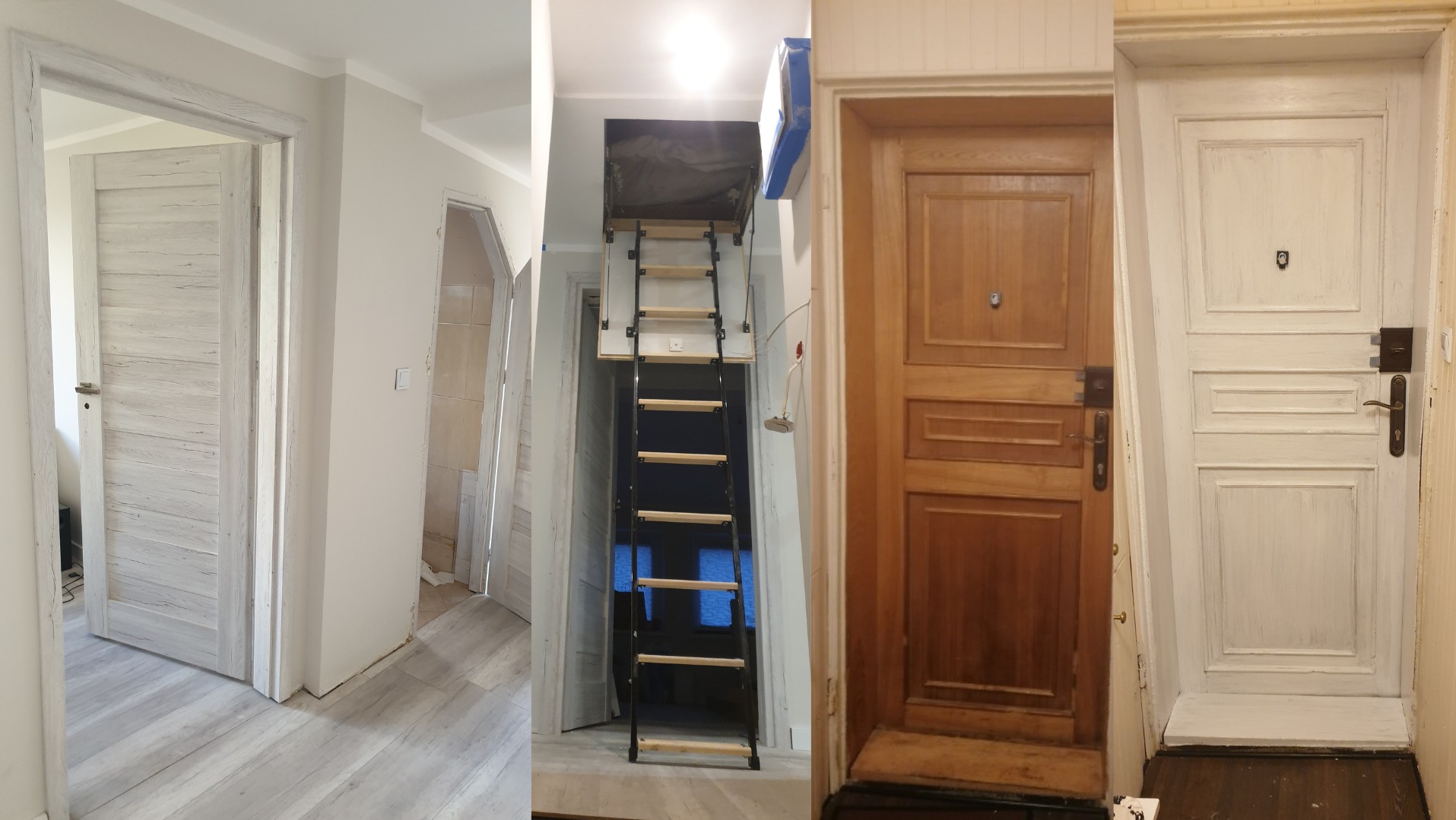 Kolaż przedstawiający trzy różne typy drzwi: nowoczesne drzwi wewnętrzne z szarego drewna, składane schody strychowe oraz drzwi wejściowe przed i po odświeżeniu białą farbą.