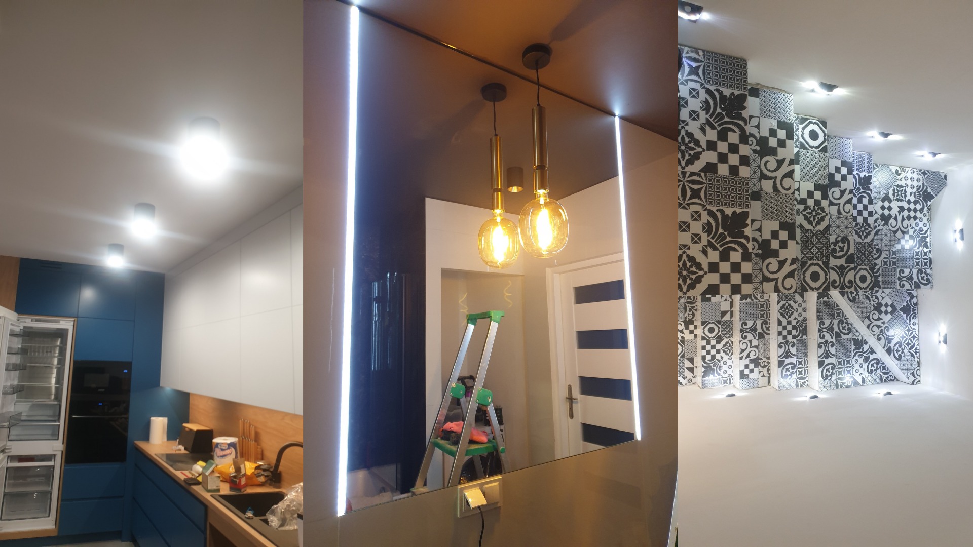 Wnętrze mieszkania po remoncie: nowoczesna kuchnia z niebieskimi szafkami, lustrzana ściana z oświetleniem LED, wiszące lampy i dekoracyjna ściana z czarno-białych płytek.