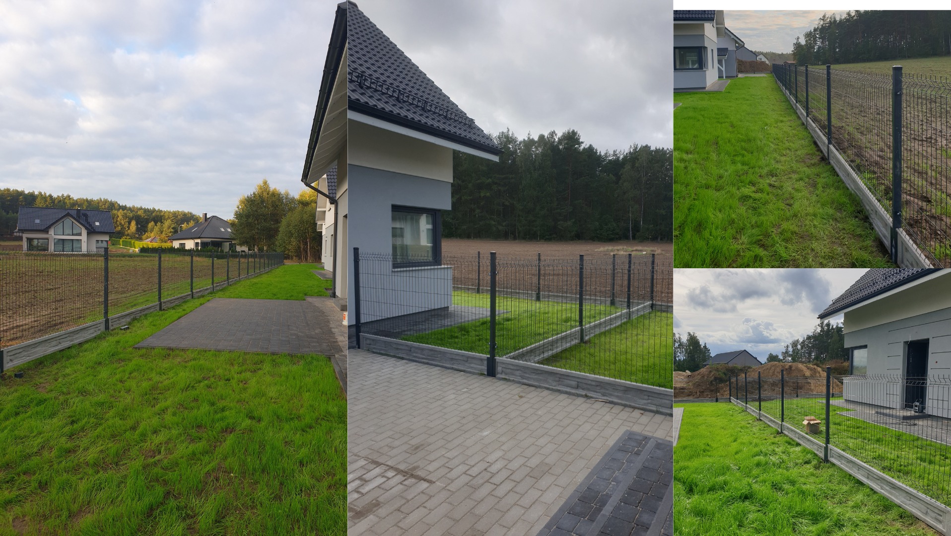 Nowoczesne ogrodzenie panelowe z podmurówką betonową, otaczające posesję z domami jednorodzinnymi i trawnikiem, widok z różnych perspektyw.
