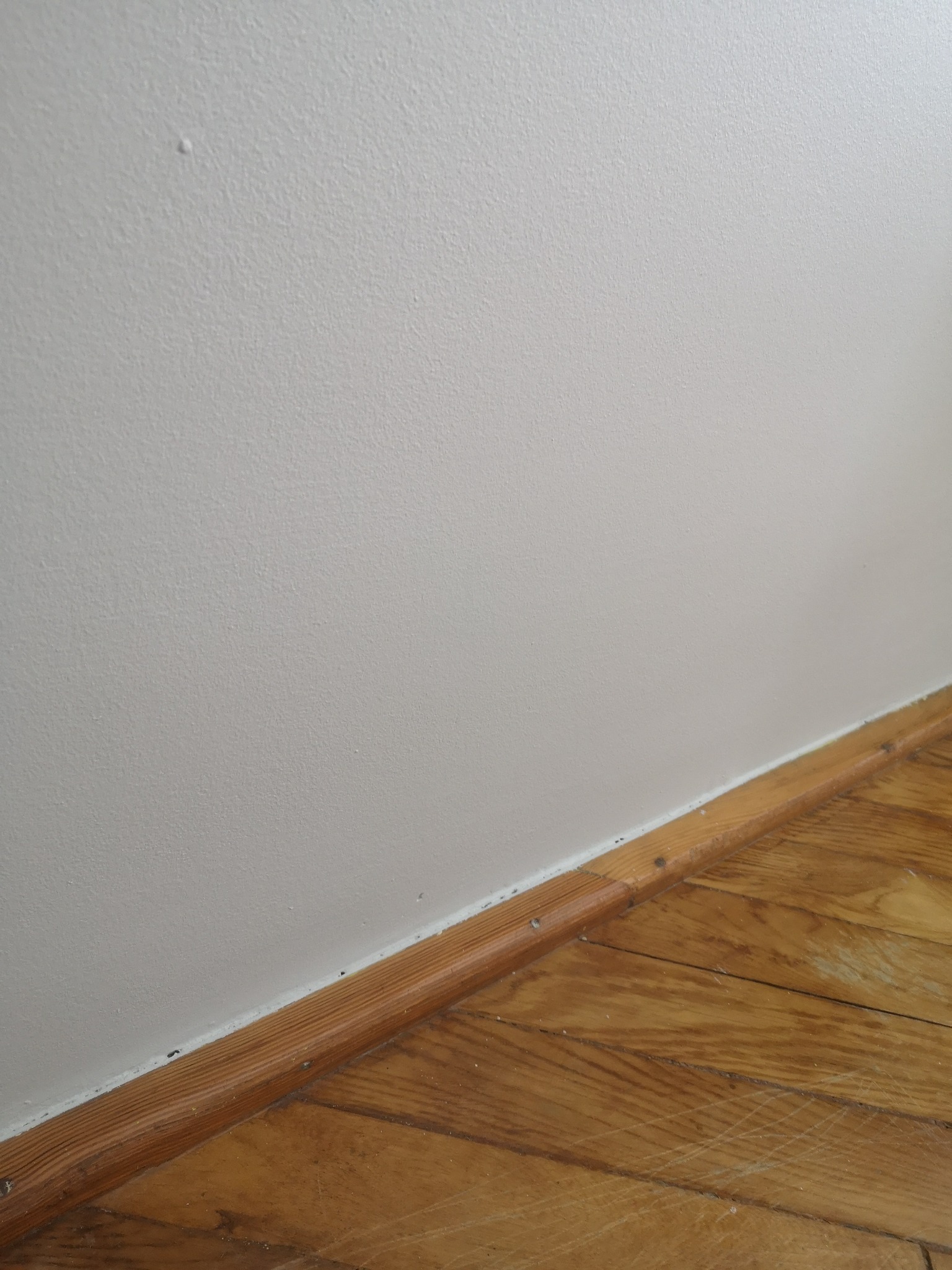 Fragment ściany pomalowanej na biało, widoczna listwa przypodłogowa z drewna i parkiet. Na ścianie widoczne drobne niedoskonałości w strukturze farby.