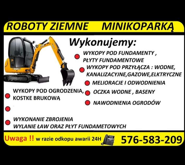 Grafika reklamowa z żółtą mini koparką, wyliczająca usługi: wykopy pod fundamenty, przyłącza, melioracje, oczka wodne, nawodnienia, kostkę brukową, wykonanie zbrojenia i wylanie ław fundamentowych,...