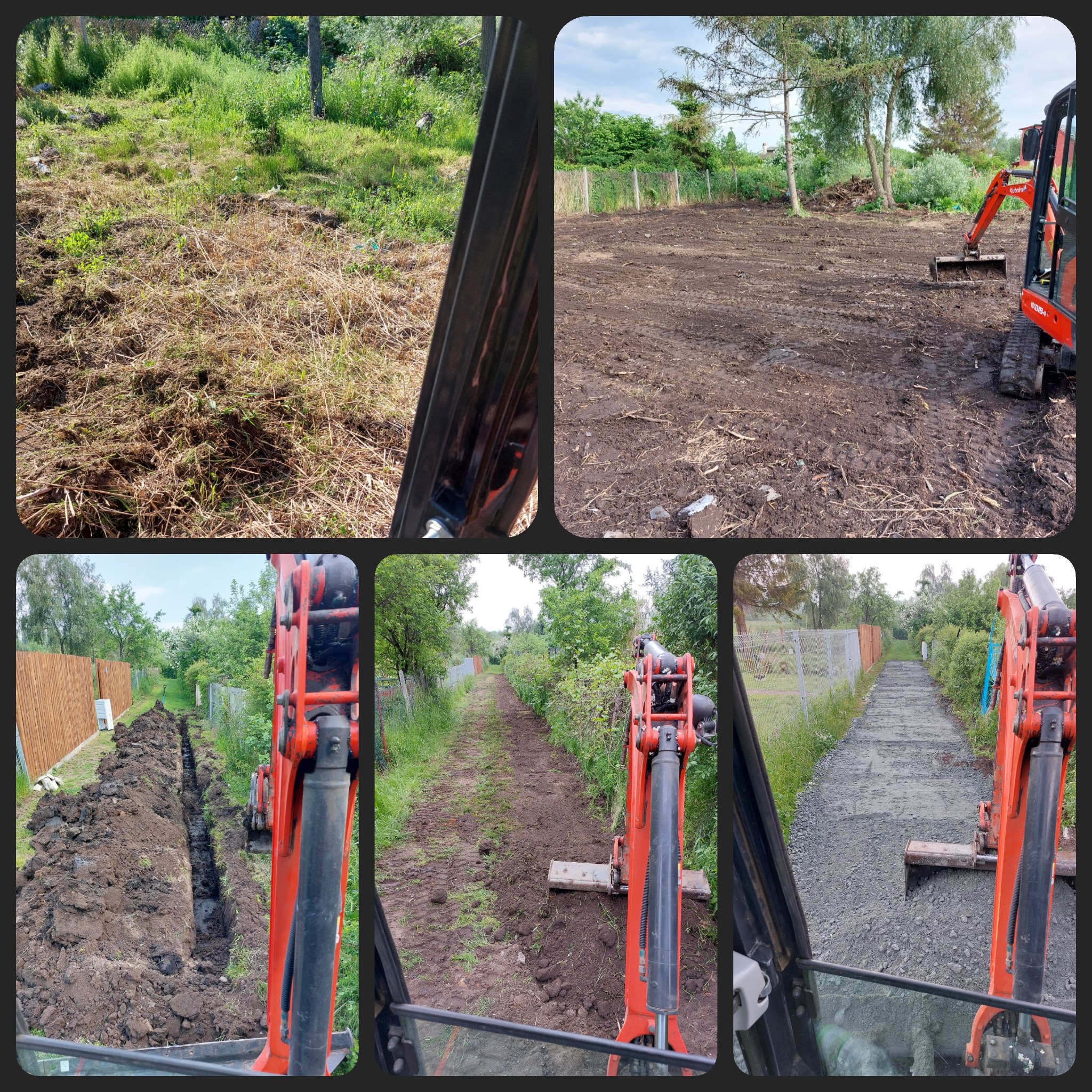 Kompozycja z widokiem z kabiny minikoparki na etapy prac ziemnych: przygotowanie terenu, wyrównywanie gruntu, kopanie rowu i utwardzanie ścieżki.