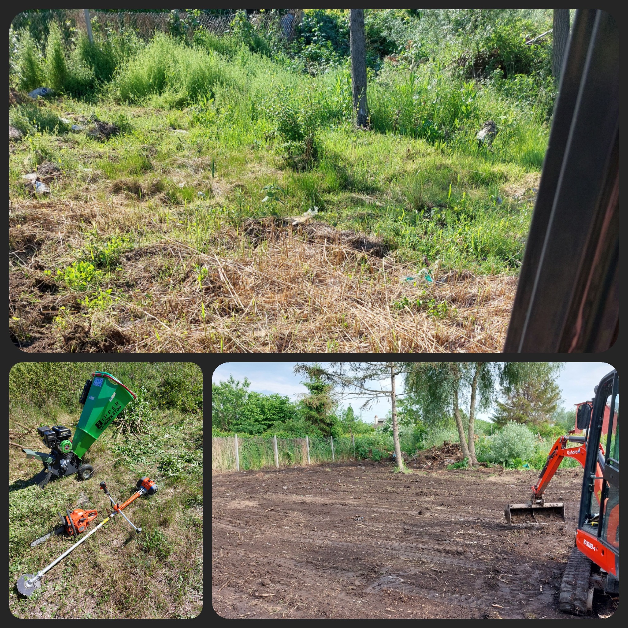 Teren przed i po wyrównaniu, widoczny trawnik przed pracami, przygotowany teren oraz sprzęt: rozdrabniacz gałęzi, kosa spalinowa i minikoparka Kubota.