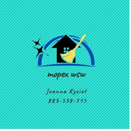 Logo firmy sprzątającej: stylizowany dom z miotłą, nazwa firmy 'mopex wsw', imię i nazwisko oraz numer telefonu na turkusowym tle w paski.
