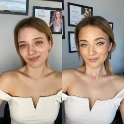 Zbliżenie na twarz kobiety przed i po aplikacji kosmetyków, widoczne zmiany w wyglądzie skóry i oczu, na ścianie wiszą certyfikaty.