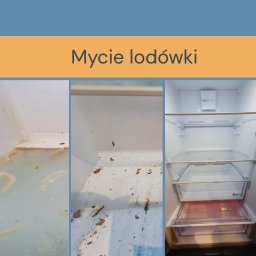 Marcin Usługi - Kolaż: wnętrze brudnej lodówki (lewa strona), częściowo wyczyszczonej (środek) i czystej (prawa strona) z półkami i szufladami. Widoczne logo NeoFrost i HarvestFresh.