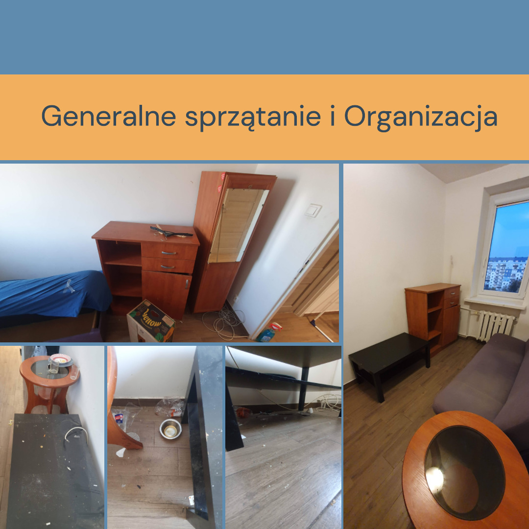Kolaż zdjęć wnętrza mieszkania przed sprzątaniem: bałagan na podłodze, zakurzone meble, niepościelone łóżko. Widoczne ślady użytkowania i zaniedbania.