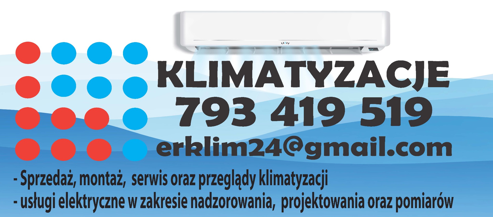Reklama firmy oferującej klimatyzację, z widocznym klimatyzatorem, numerem telefonu i adresem e-mail.