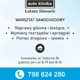 Reklama warsztatu samochodowego Auto Klinika Łukasz Głowacki w Sosnowcu, oferującego naprawy, wymiany rozrządów i pomoc drogową, z logo firmy i ikonami marek samochodów.