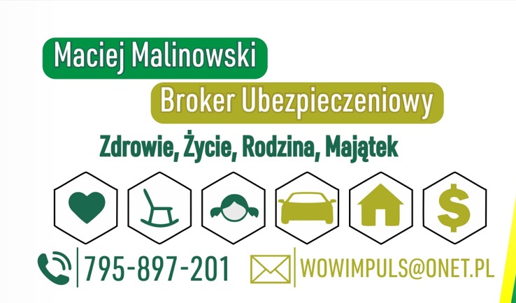 Wizytówka brokera ubezpieczeniowego Macieja Malinowskiego z ikonami: serce, fotel bujany, dziewczynka, samochód, dom i dolar oraz danymi kontaktowymi.
