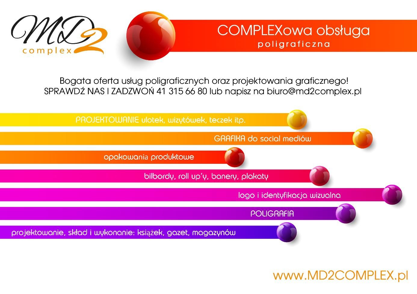 Grafika reklamowa firmy MD2 Complex prezentująca ofertę usług poligraficznych i graficznych, w tym projektowanie ulotek, wizytówek, grafik do social mediów, opakowań produktowych, bilbordów...