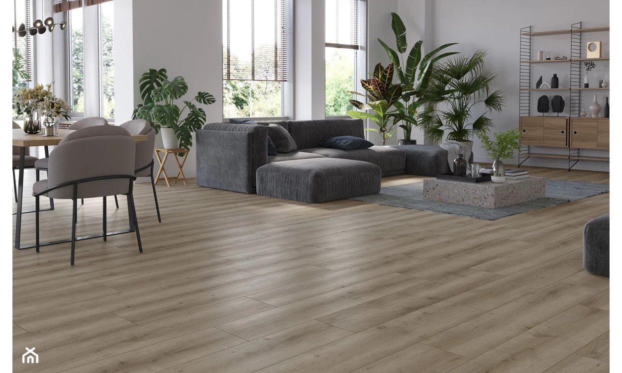 Jasna, drewnopodobna podłoga w salonie z szarym narożnikiem, stołem i krzesłami. Duże okna z żaluzjami wpuszczają naturalne światło. W tle półki z dekoracjami i rośliny doniczkowe.